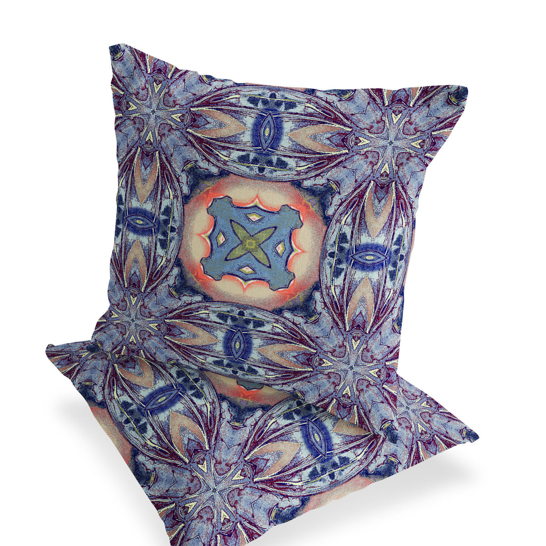 Set of Two 16" X 16" Blue and Pink Blown Seam Floral Indoor Outdoor Throw Pillow