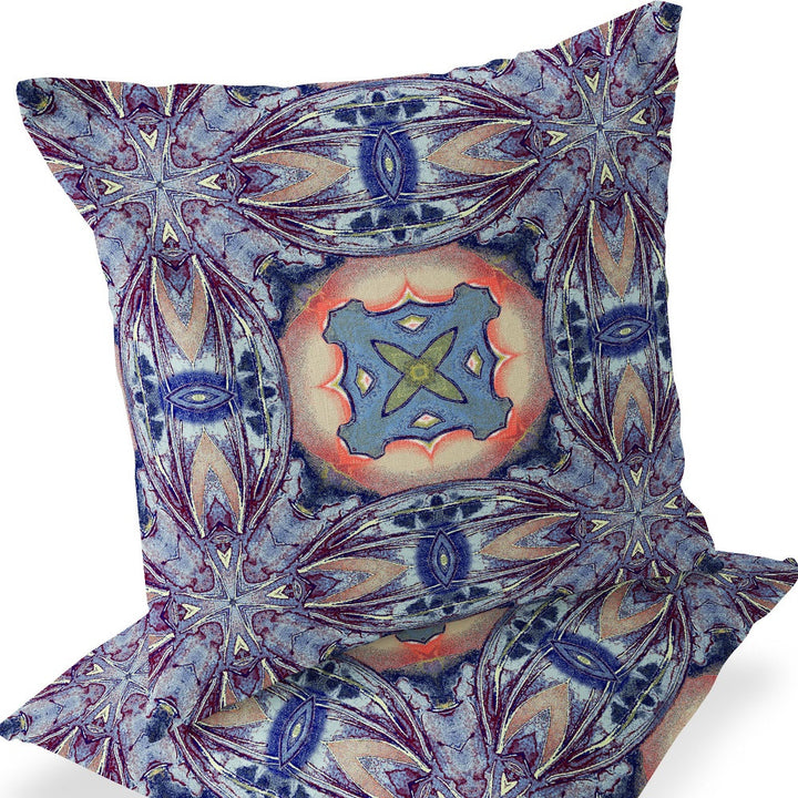 Set of Two 16" X 16" Blue and Pink Blown Seam Floral Indoor Outdoor Throw Pillow