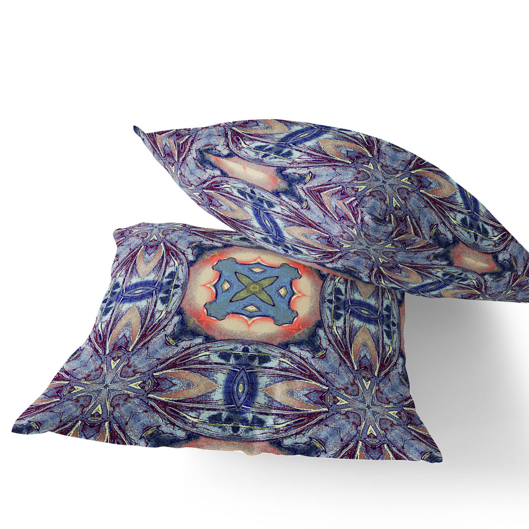 Set of Two 16" X 16" Blue and Pink Blown Seam Floral Indoor Outdoor Throw Pillow