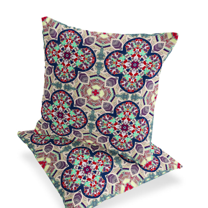 Set of Two 16" X 16" Green and Red Blown Seam Floral Indoor Outdoor Throw Pillow