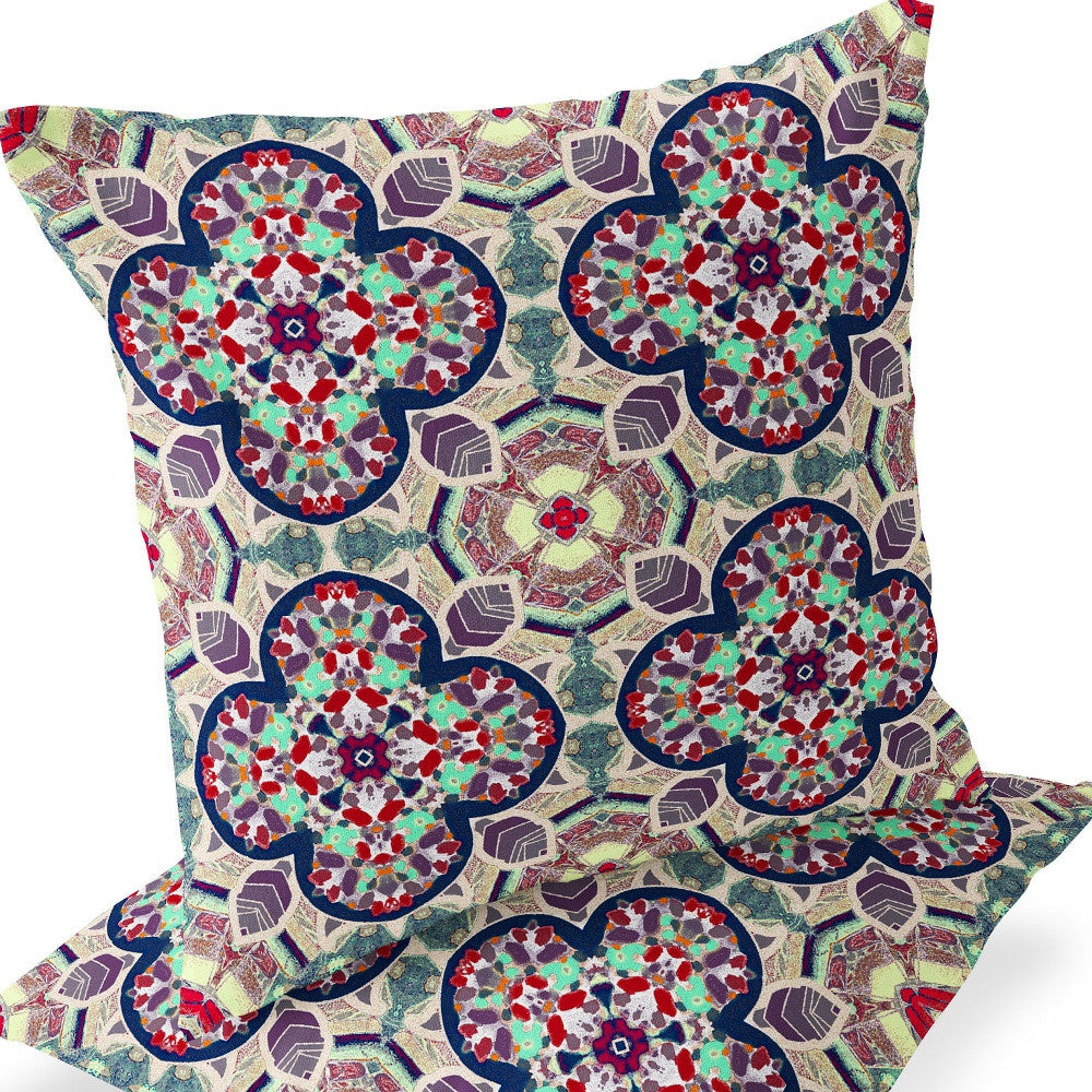 Set of Two 16" X 16" Green and Red Blown Seam Floral Indoor Outdoor Throw Pillow