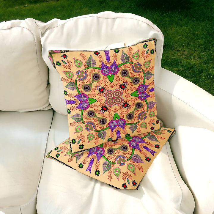 Set of Two 16" X 16" Beige and Green Blown Seam Paisley Indoor Outdoor Throw Pillow