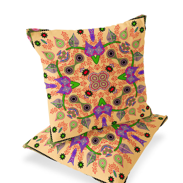 Set of Two 16" X 16" Beige and Green Blown Seam Paisley Indoor Outdoor Throw Pillow