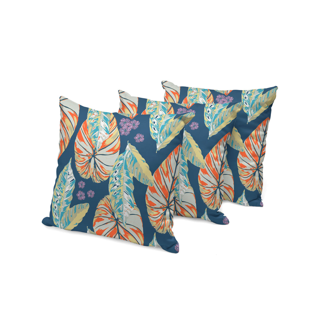 Set of Three 16" X 16" Blue and Orange Botanical Indoor Outdoor Throw Pillow