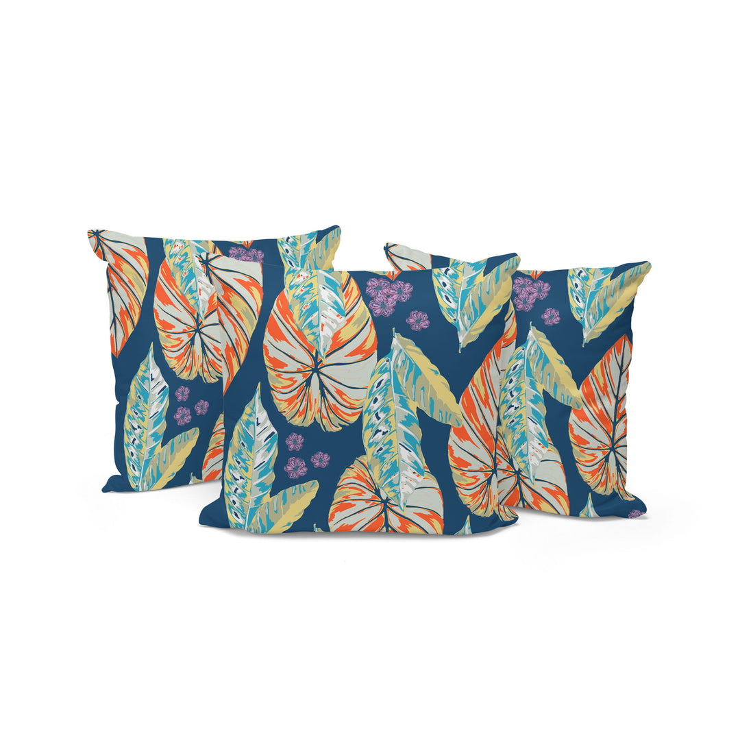 Set of Three 16" X 16" Blue and Orange Botanical Indoor Outdoor Throw Pillow