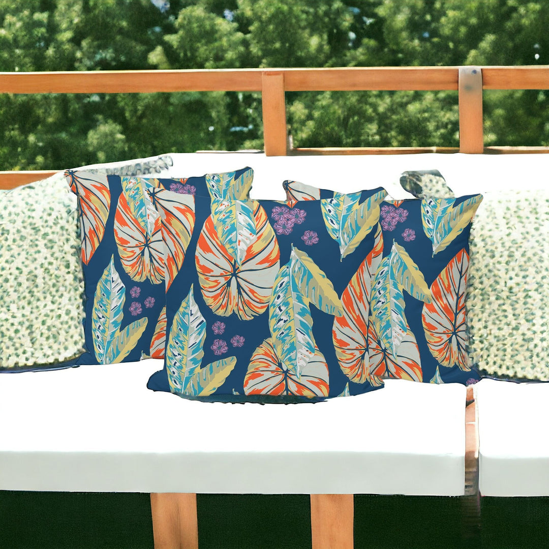 Set of Three 16" X 16" Blue and Orange Botanical Indoor Outdoor Throw Pillow