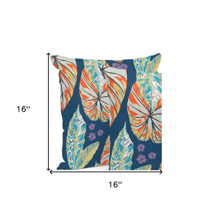 Set of Three 16" X 16" Blue and Orange Botanical Indoor Outdoor Throw Pillow