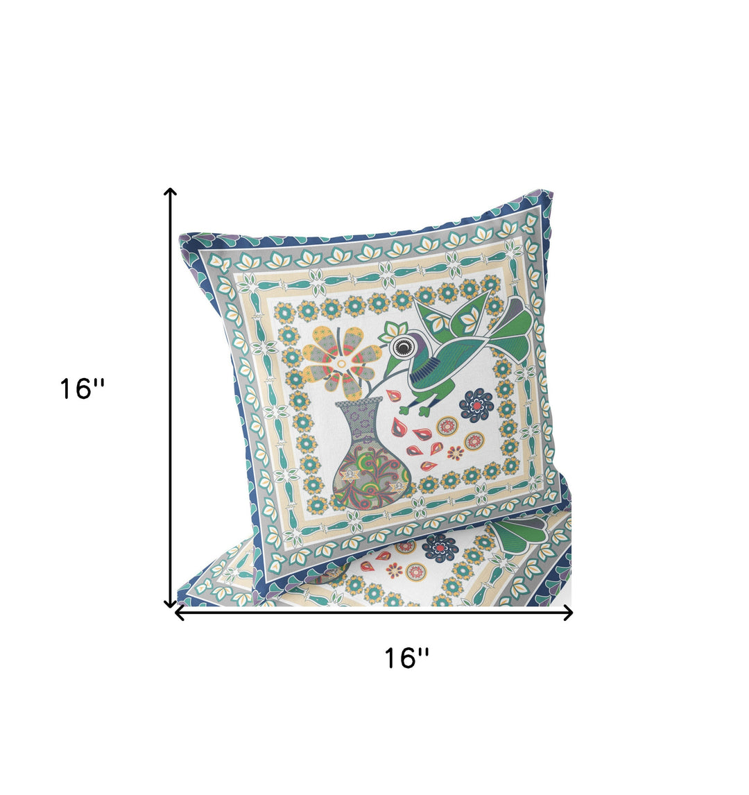 Set of Two 16" X 16" Green and Yellow Peacock Blown Seam Floral Indoor Outdoor Throw Pillow