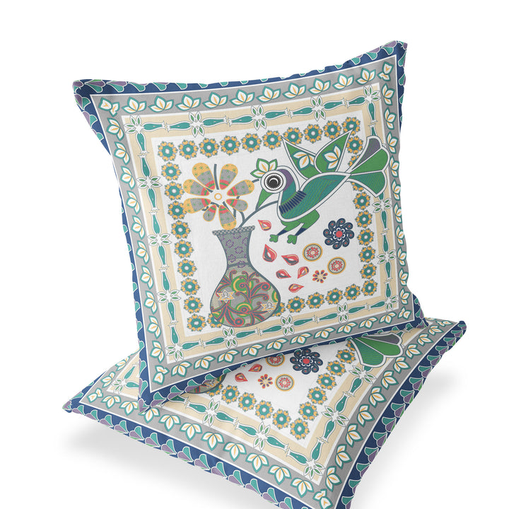 Set of Two 16" X 16" Green and Yellow Peacock Blown Seam Floral Indoor Outdoor Throw Pillow