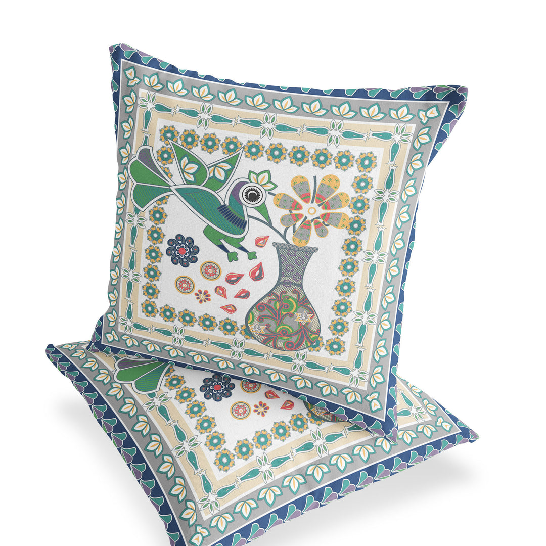 Set of Two 16" X 16" Green and Yellow Peacock Blown Seam Floral Indoor Outdoor Throw Pillow