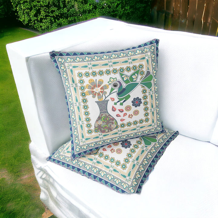 Set of Two 16" X 16" Green and Yellow Peacock Blown Seam Floral Indoor Outdoor Throw Pillow