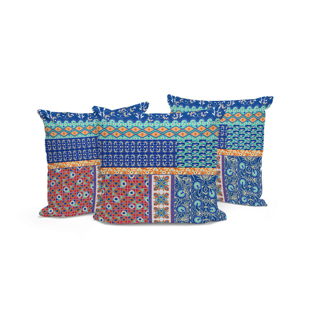 Set of Three 16" X 16" Blue and Orange Botanical Indoor Outdoor Throw Pillow