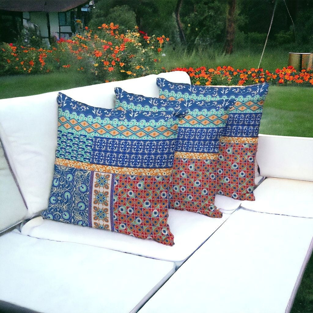 Set of Three 16" X 16" Blue and Orange Botanical Indoor Outdoor Throw Pillow