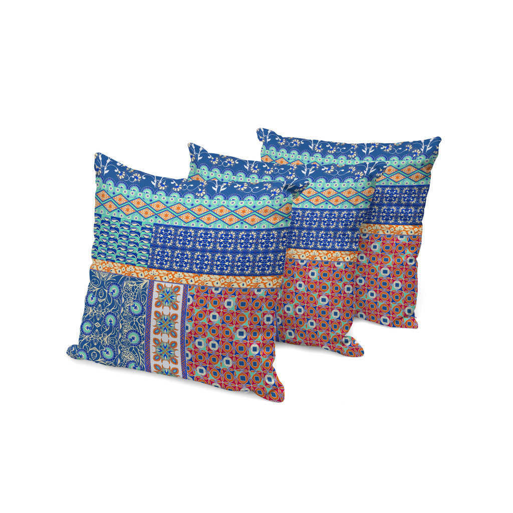 Set of Three 16" X 16" Blue and Orange Botanical Indoor Outdoor Throw Pillow