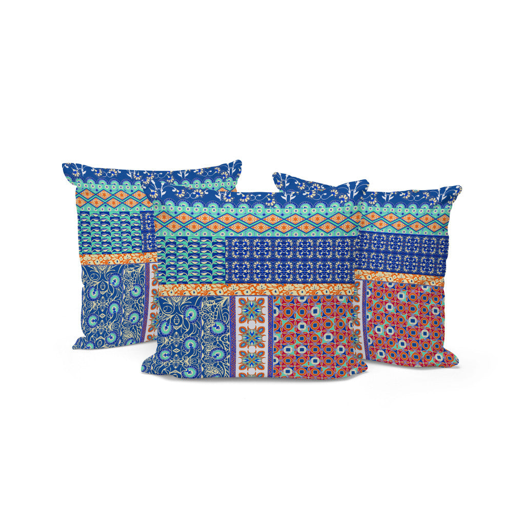 Set of Three 16" X 16" Blue and Orange Botanical Indoor Outdoor Throw Pillow