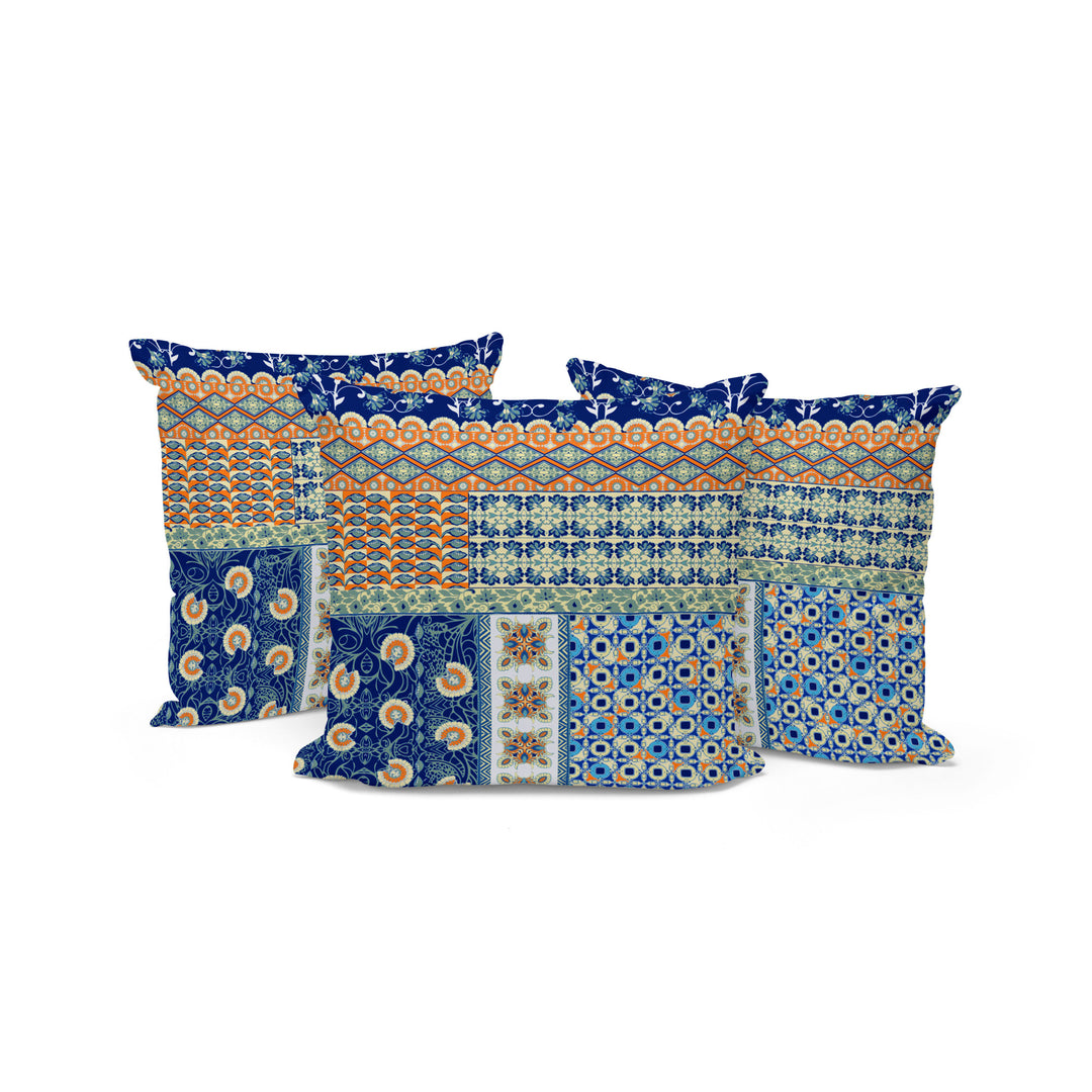 Set of Three 16" X 16" Blue and Orange Botanical Indoor Outdoor Throw Pillow