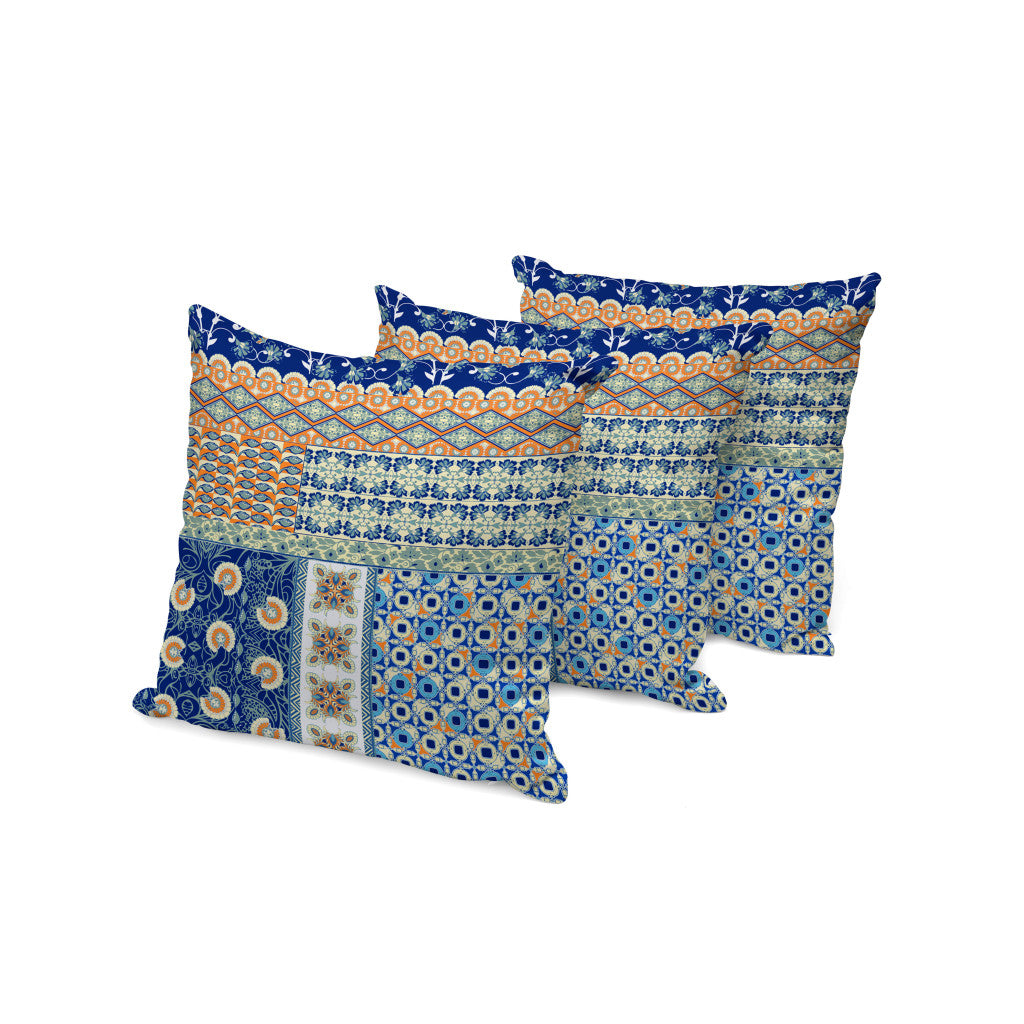 Set of Three 16" X 16" Blue and Orange Botanical Indoor Outdoor Throw Pillow