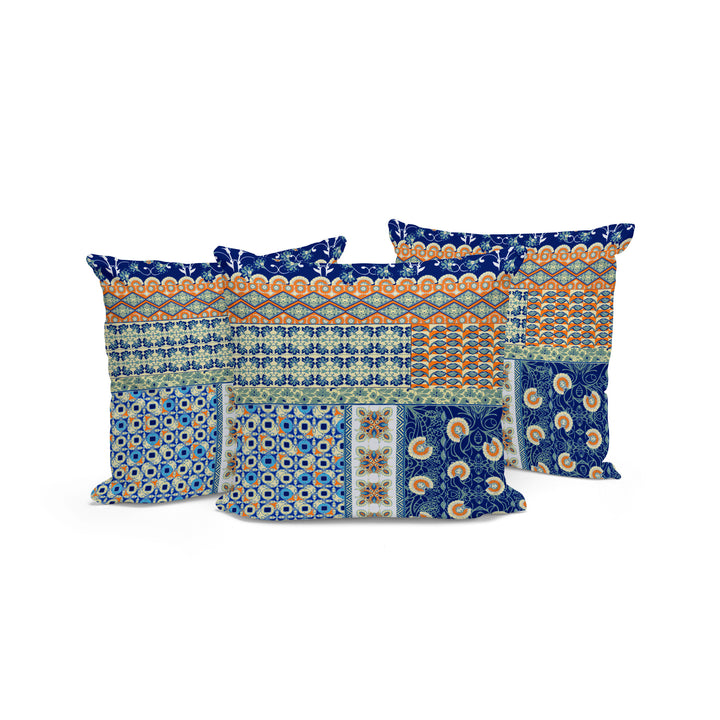 Set of Three 16" X 16" Blue and Orange Botanical Indoor Outdoor Throw Pillow