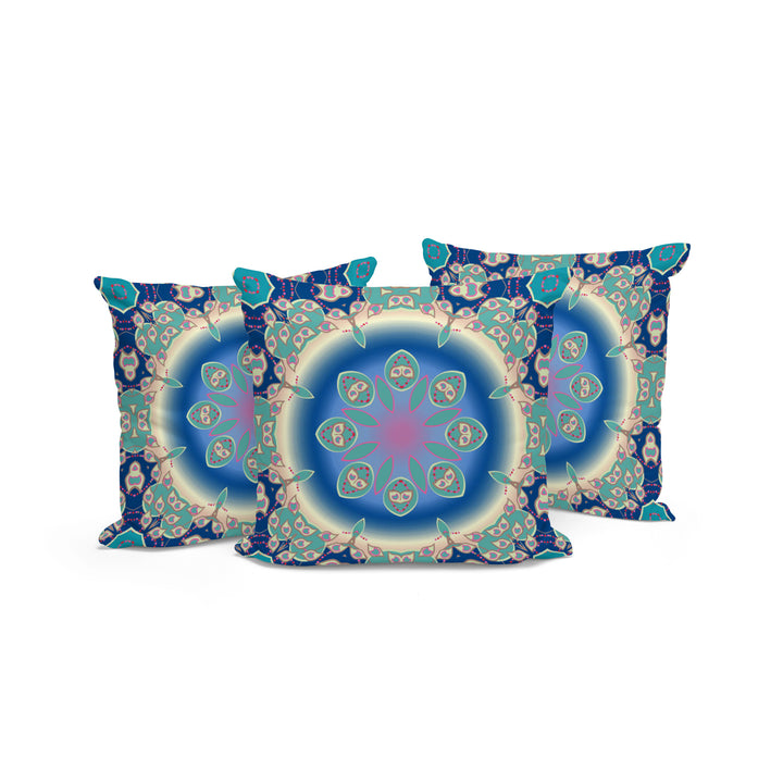 Set of Three 16" X 16" Blue and Green Abstract Indoor Outdoor Throw Pillow