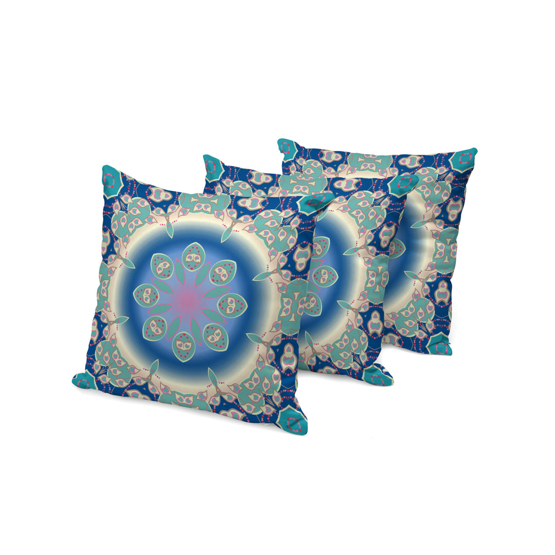 Set of Three 16" X 16" Blue and Green Abstract Indoor Outdoor Throw Pillow