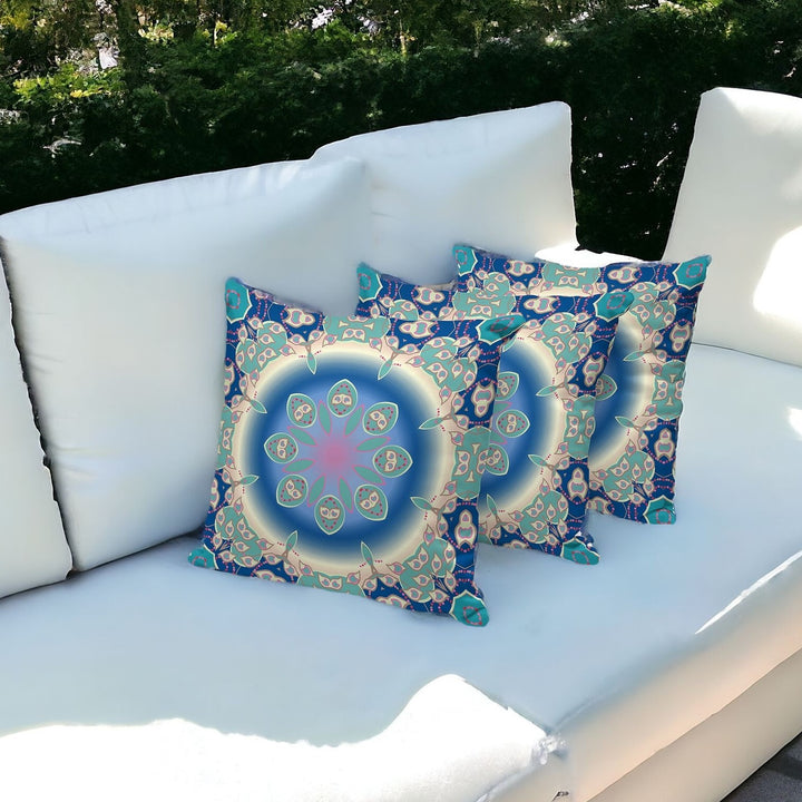 Set of Three 16" X 16" Blue and Green Abstract Indoor Outdoor Throw Pillow