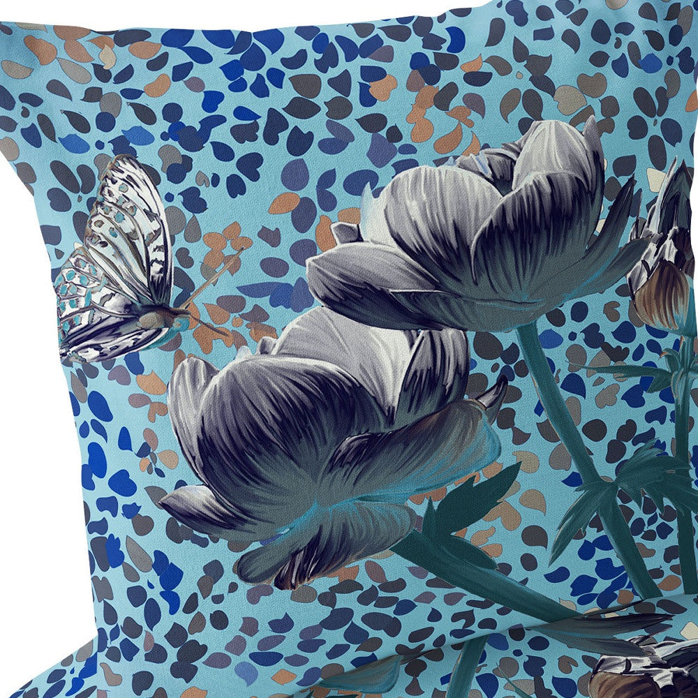 Set of Two 16" X 16" Blue and White Butterfly Blown Seam Floral Indoor Outdoor Throw Pillow