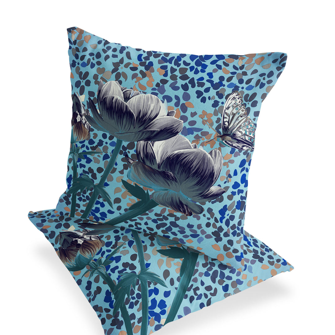 Set of Two 16" X 16" Blue and White Butterfly Blown Seam Floral Indoor Outdoor Throw Pillow