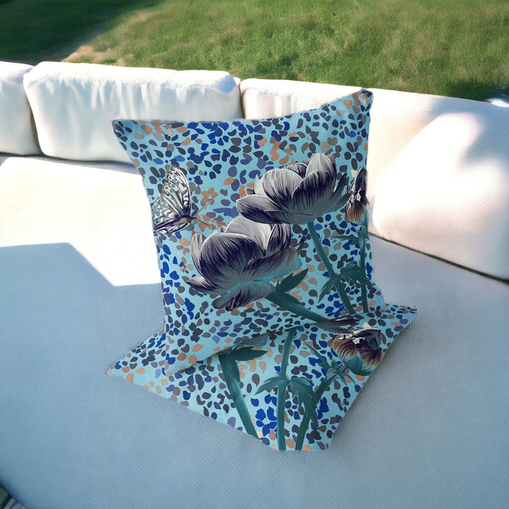 Set of Two 16" X 16" Blue and White Butterfly Blown Seam Floral Indoor Outdoor Throw Pillow