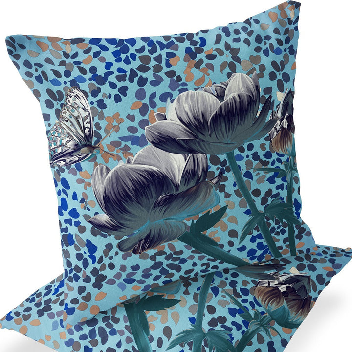 Set of Two 16" X 16" Blue and White Butterfly Blown Seam Floral Indoor Outdoor Throw Pillow