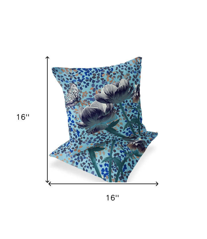 Set of Two 16" X 16" Blue and White Butterfly Blown Seam Floral Indoor Outdoor Throw Pillow