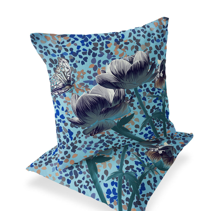 Set of Two 16" X 16" Blue and White Butterfly Blown Seam Floral Indoor Outdoor Throw Pillow