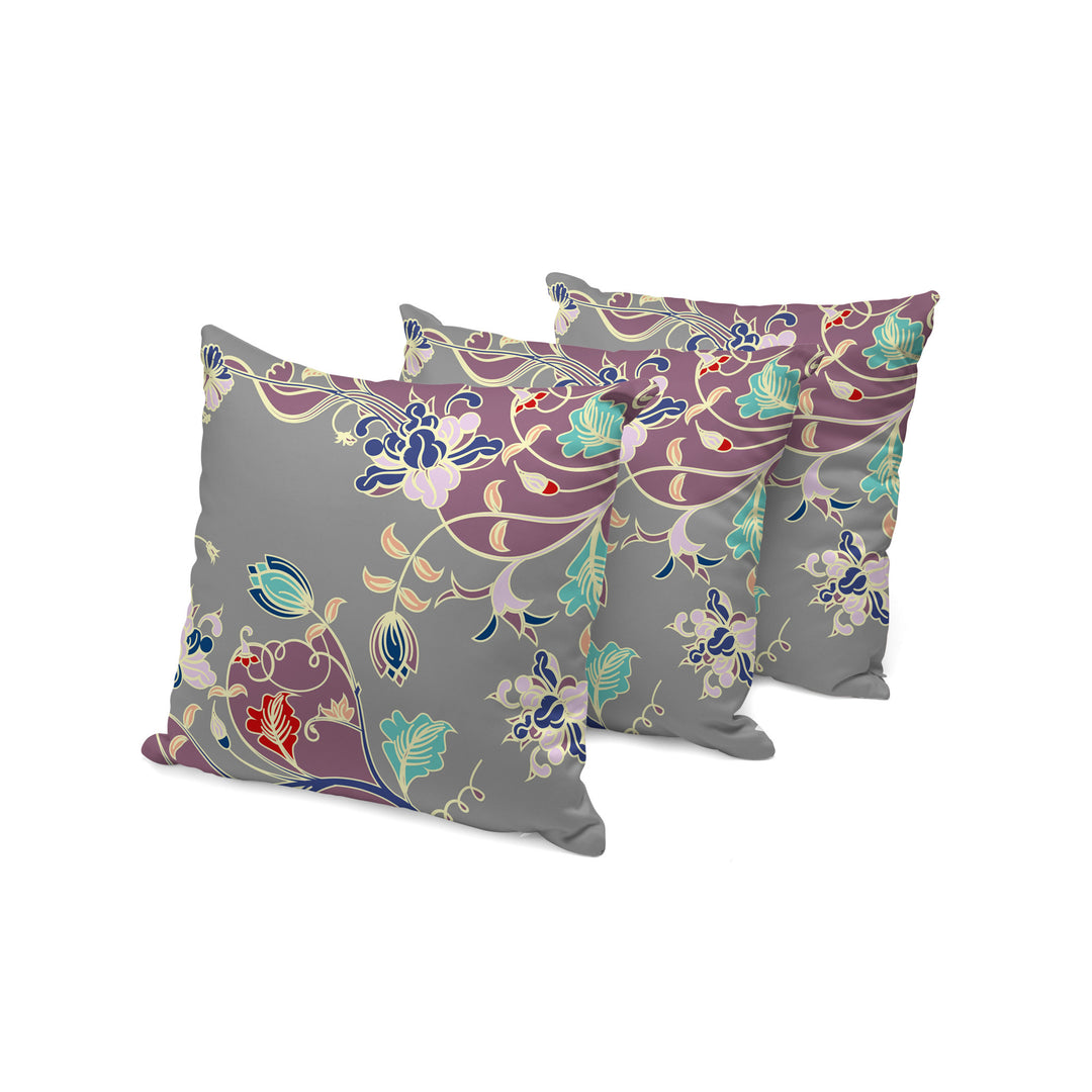 Set of Three 16" X 16" Gray and Purple Botanical Indoor Outdoor Throw Pillow