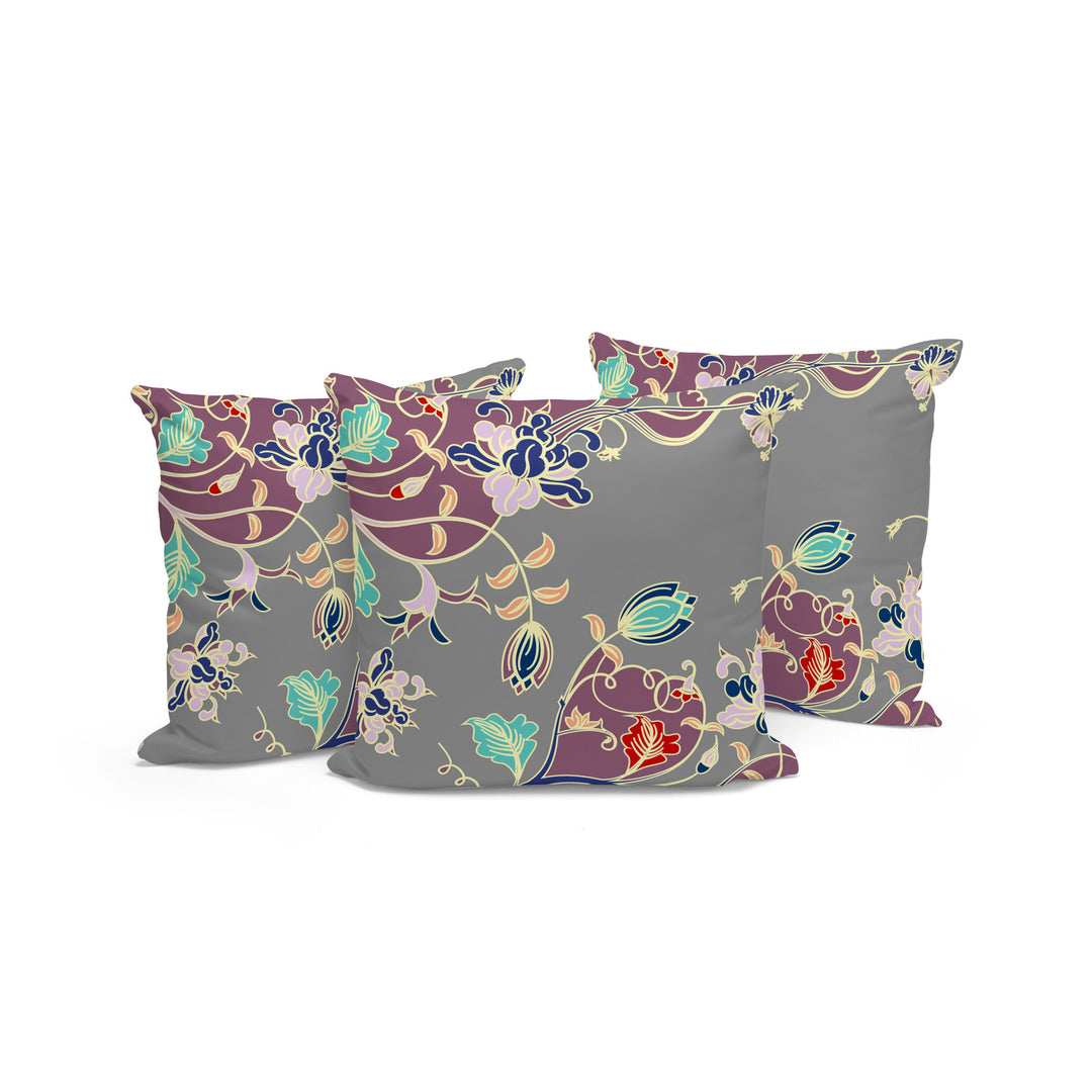 Set of Three 16" X 16" Gray and Purple Botanical Indoor Outdoor Throw Pillow