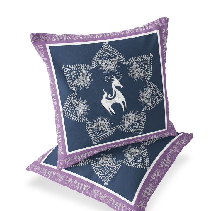 Set of Two 16" X 16" Blue and White Horse Blown Seam Eclectic Indoor Outdoor Throw Pillow