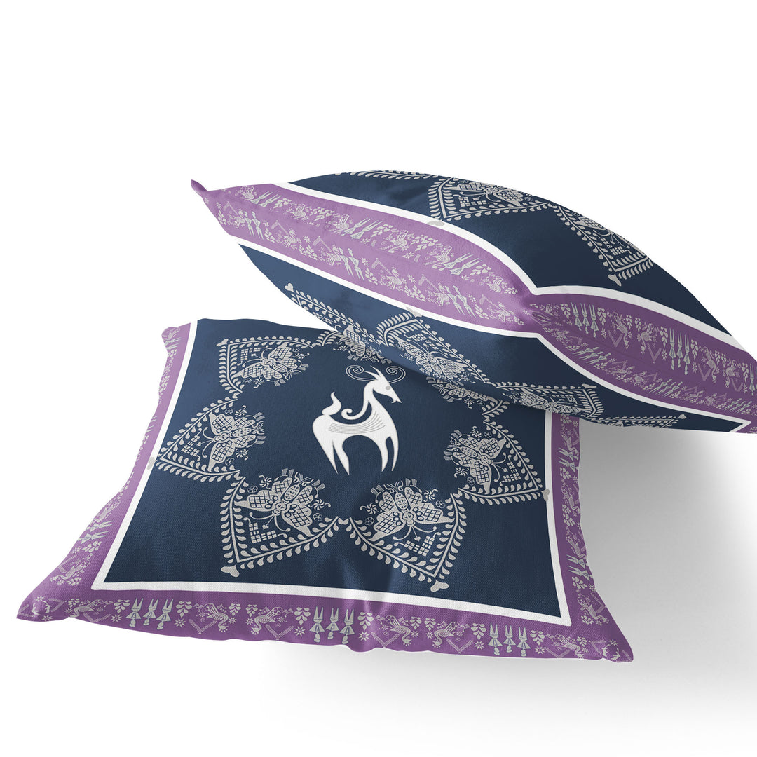 Set of Two 16" X 16" Blue and White Horse Blown Seam Eclectic Indoor Outdoor Throw Pillow