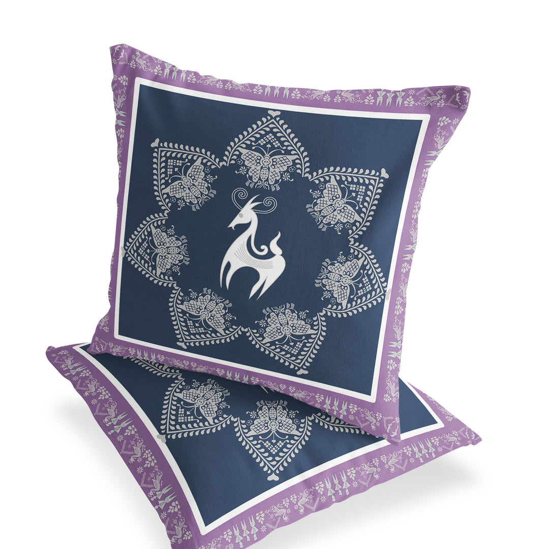 Set of Two 16" X 16" Blue and White Horse Blown Seam Eclectic Indoor Outdoor Throw Pillow