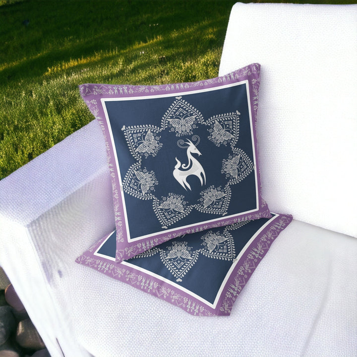 Set of Two 16" X 16" Blue and White Horse Blown Seam Eclectic Indoor Outdoor Throw Pillow