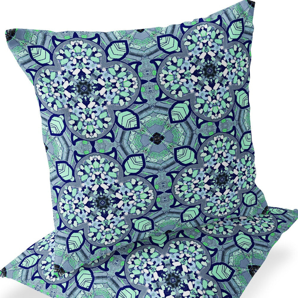 Set of Two 16" X 16" Blue and Green Blown Seam Floral Indoor Outdoor Throw Pillow