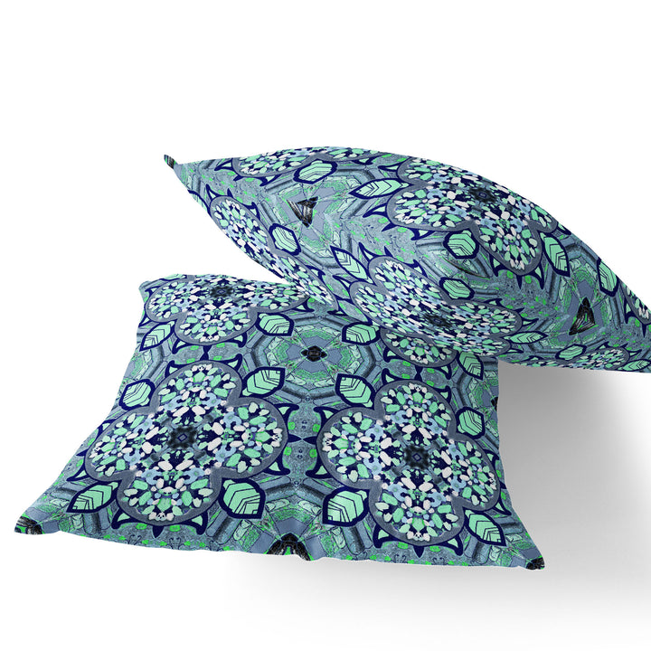 Set of Two 16" X 16" Blue and Green Blown Seam Floral Indoor Outdoor Throw Pillow