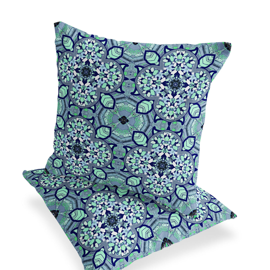 Set of Two 16" X 16" Blue and Green Blown Seam Floral Indoor Outdoor Throw Pillow