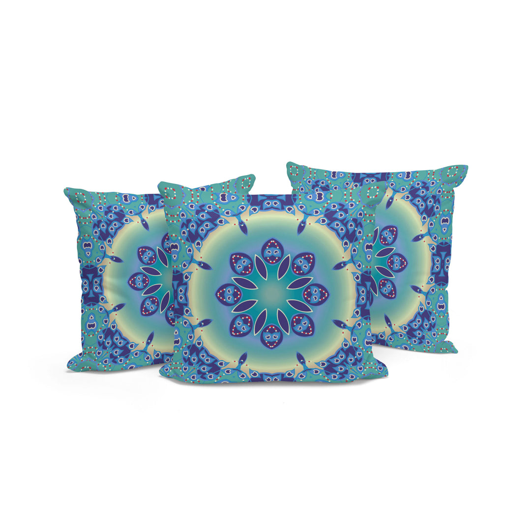 Set of Three 16" X 16" Blue and Purple Abstract Indoor Outdoor Throw Pillow