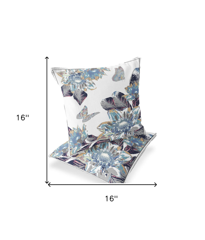 Set of Two 16" X 16" Gray and White Butterfly Blown Seam Floral Indoor Outdoor Throw Pillow