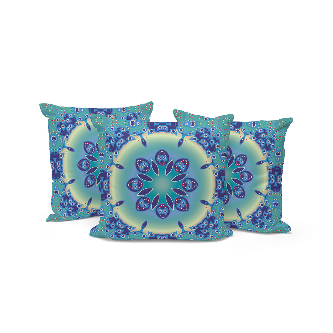 Set of Three 16" X 16" Blue and Purple Abstract Indoor Outdoor Throw Pillow