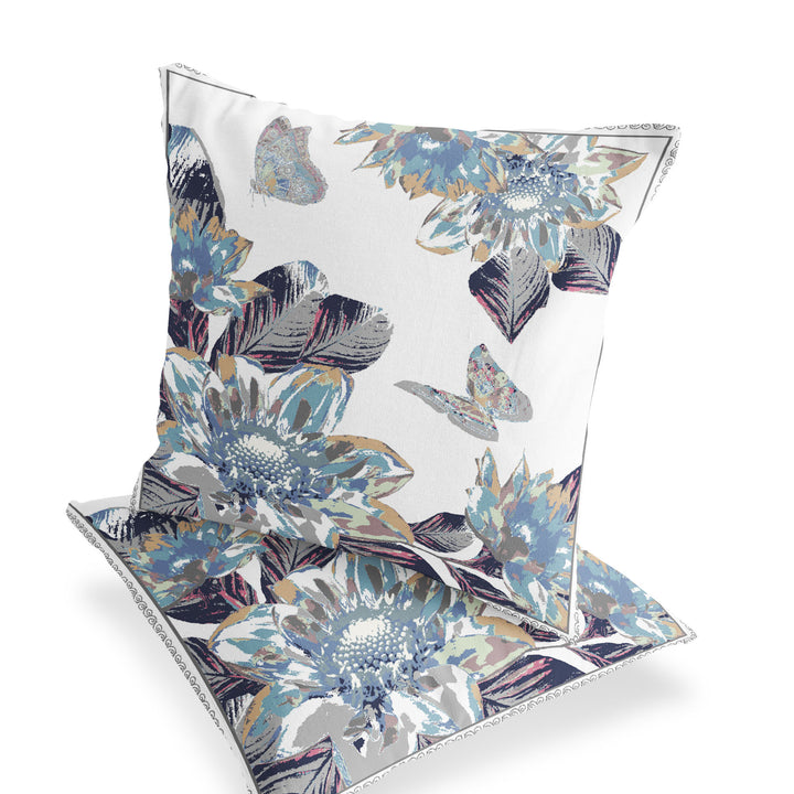 Set of Two 16" X 16" Gray and White Butterfly Blown Seam Floral Indoor Outdoor Throw Pillow