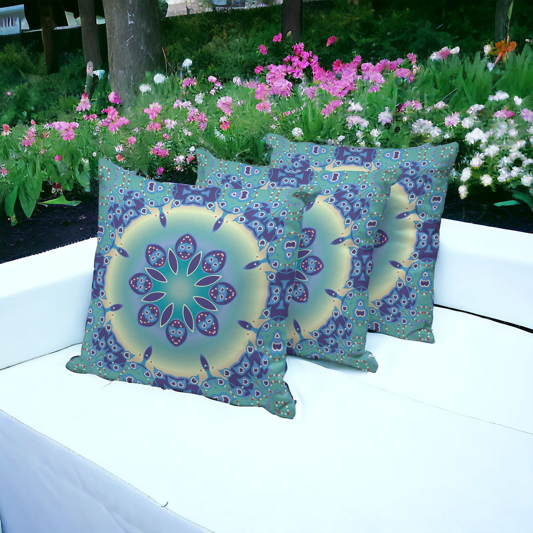 Set of Three 16" X 16" Blue and Purple Abstract Indoor Outdoor Throw Pillow