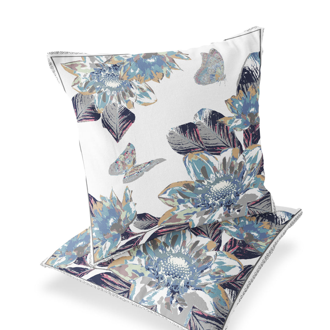 Set of Two 16" X 16" Gray and White Butterfly Blown Seam Floral Indoor Outdoor Throw Pillow