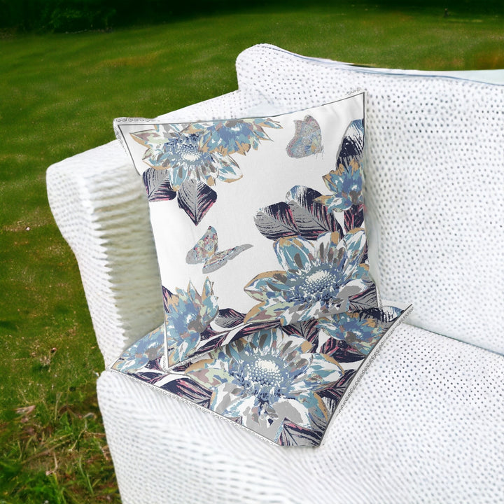 Set of Two 16" X 16" Gray and White Butterfly Blown Seam Floral Indoor Outdoor Throw Pillow