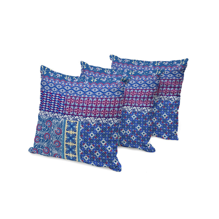 Set of Three 16" X 16" Blue and White Botanical Indoor Outdoor Throw Pillow