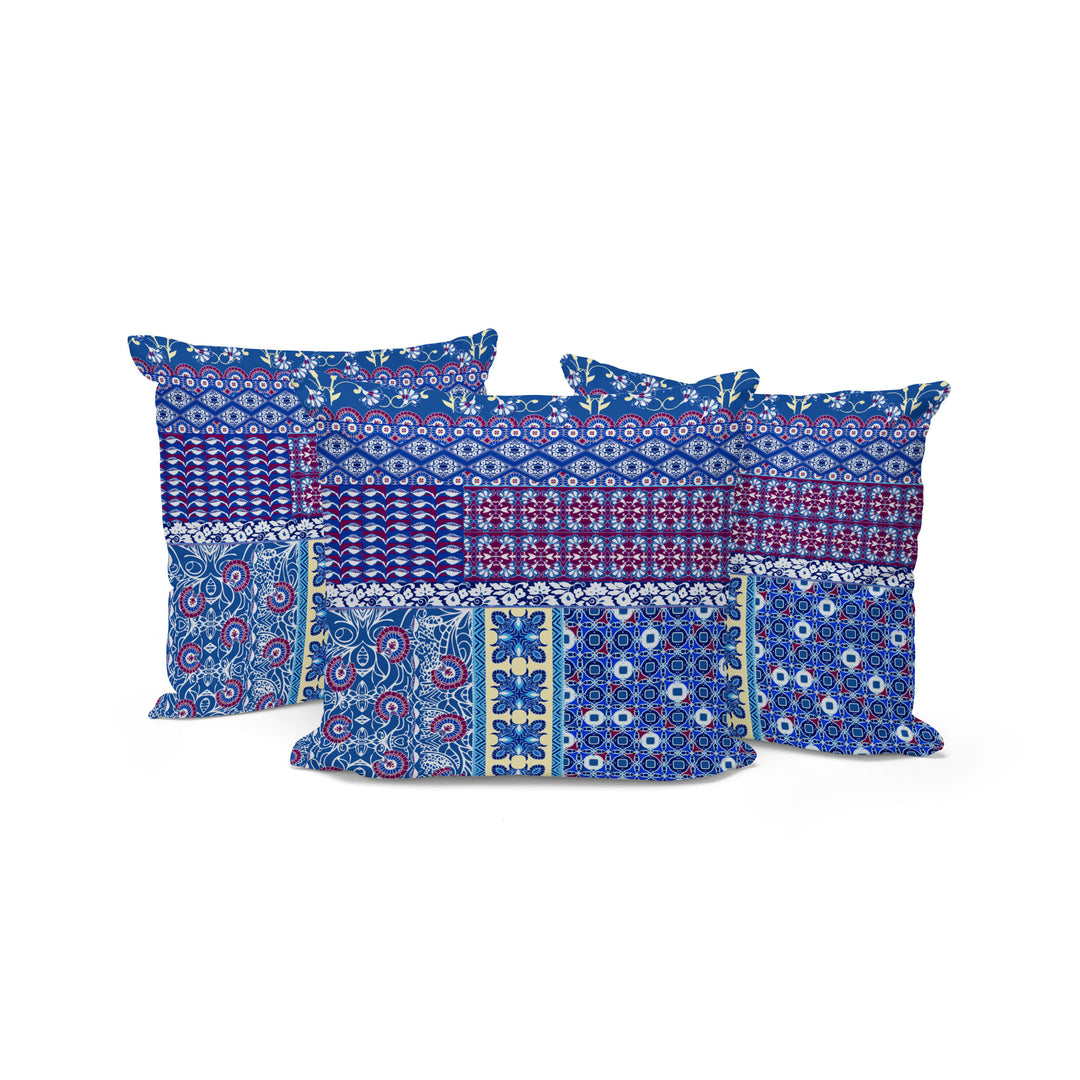 Set of Three 16" X 16" Blue and White Botanical Indoor Outdoor Throw Pillow