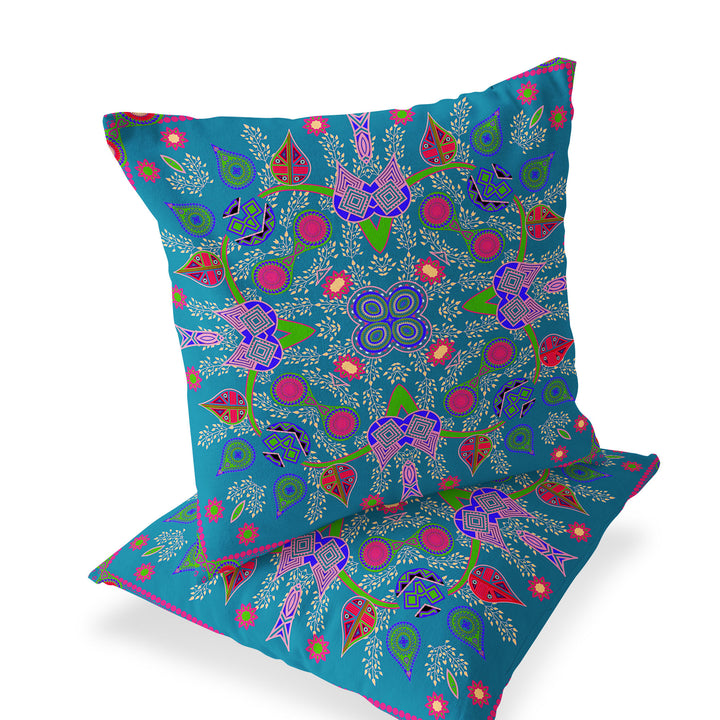 Set of Two 16" X 16" Blue and Green Blown Seam Paisley Indoor Outdoor Throw Pillow